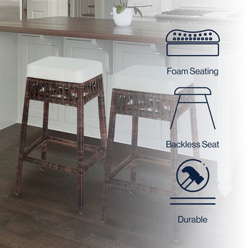 Bali Rustic Bohemian Hyacinth/Wood Backless Counter Stool - JONATHAN Y